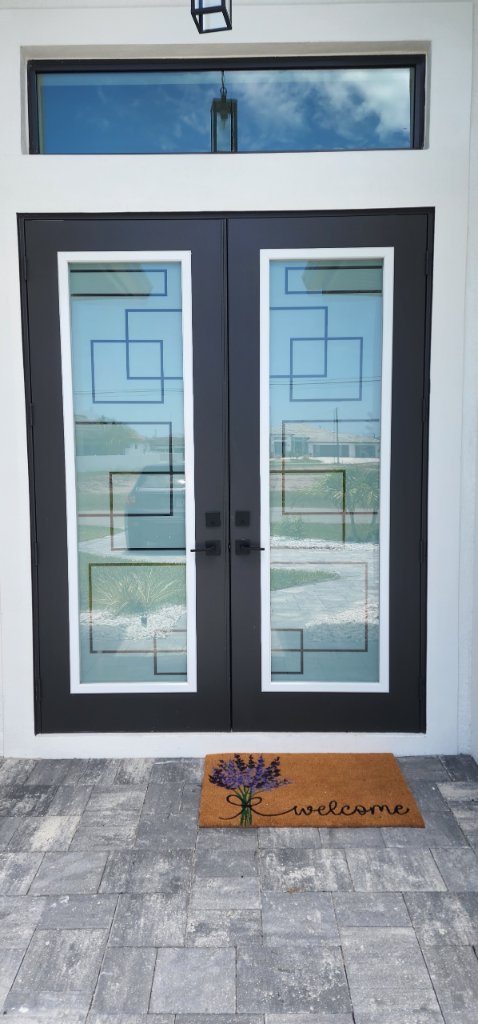 Nested rectangular linework on an exterior entry door