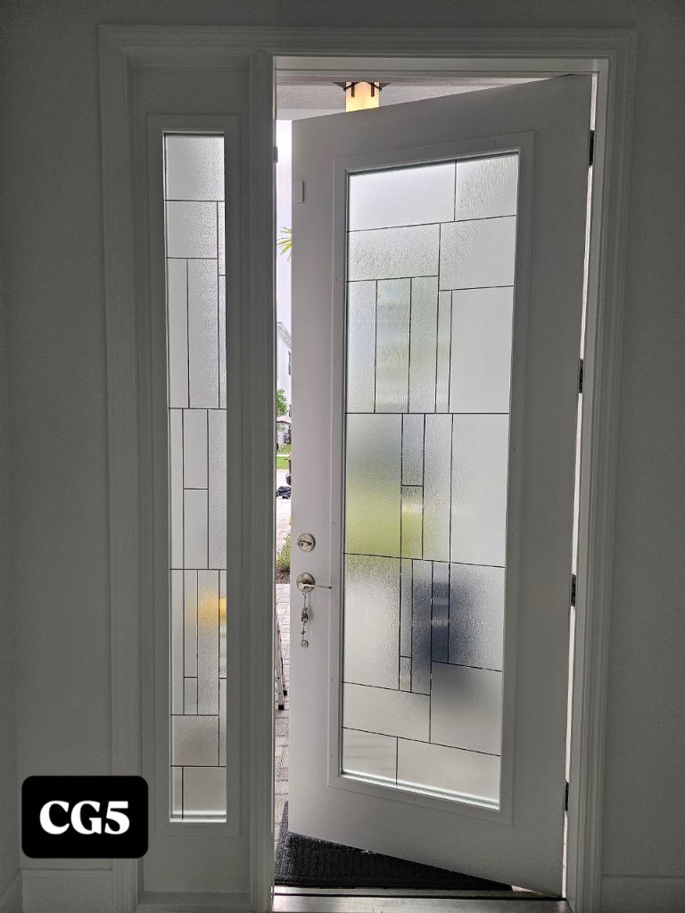 Rectangular frosted linework on a single entry door