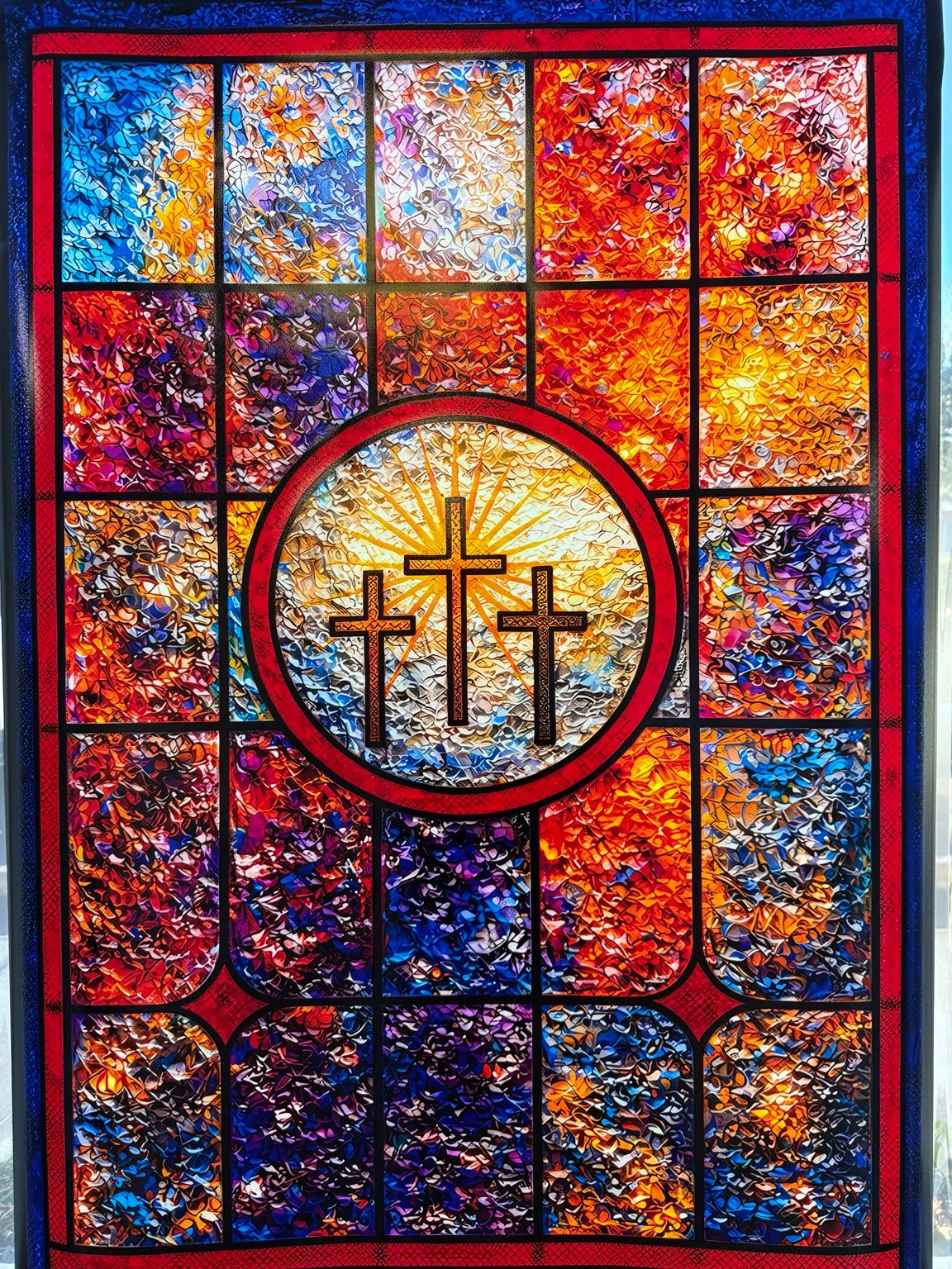 Actual custom printed religious window film with three crosses and richly textured blue, gold, red, and purple panes
