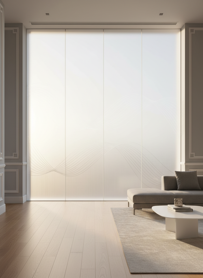 Elegant frosted decorative window film in a modern interior with natural side-lighting