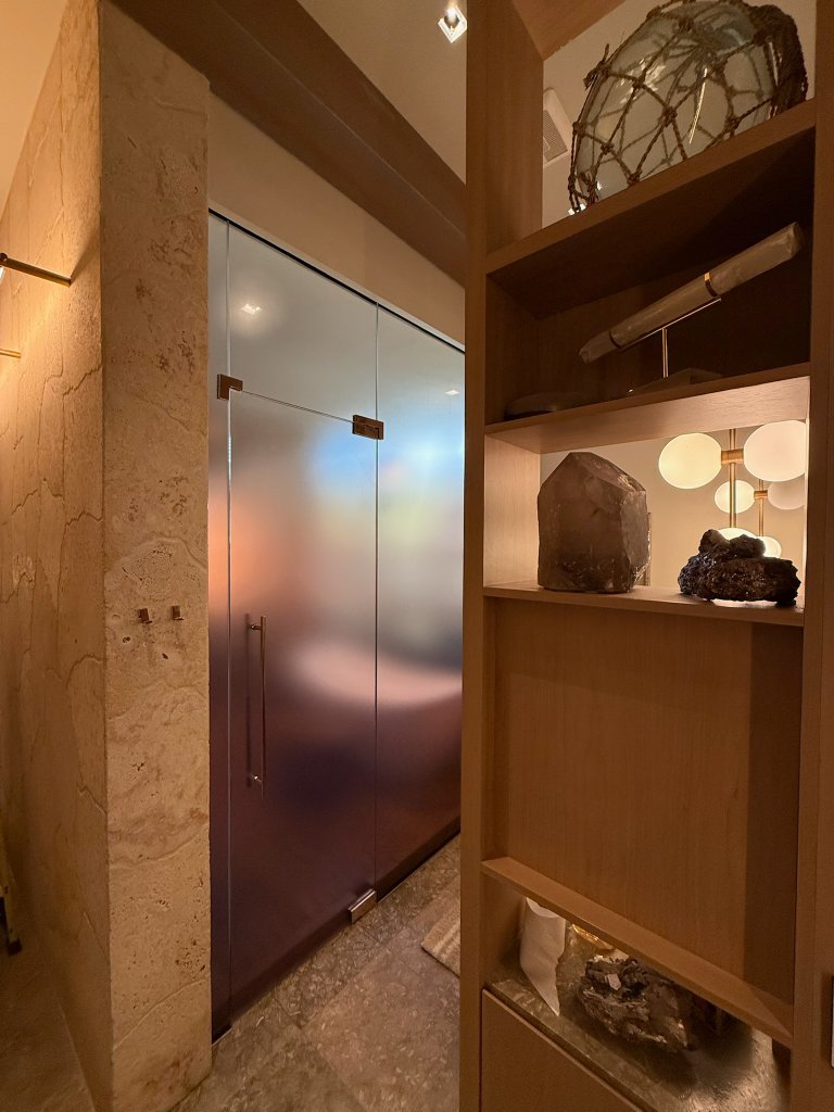 Frosted privacy treatment on a shower door