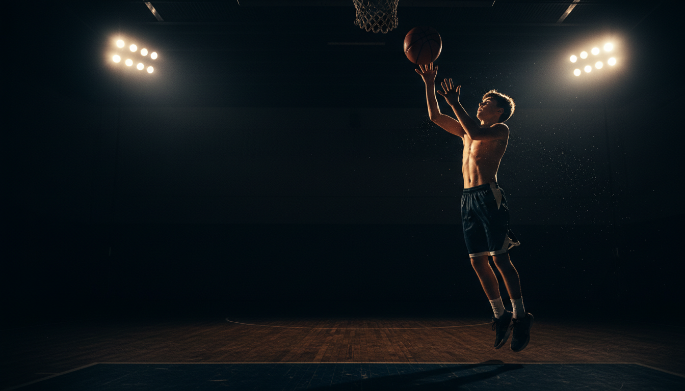 Basketball player mid-flight during a jump shot in a dark atmospheric gym