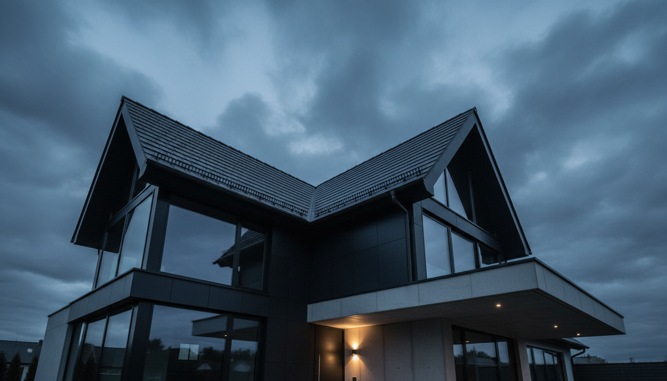 Modern residential home with premium dark slate roof against dramatic overcast sky
