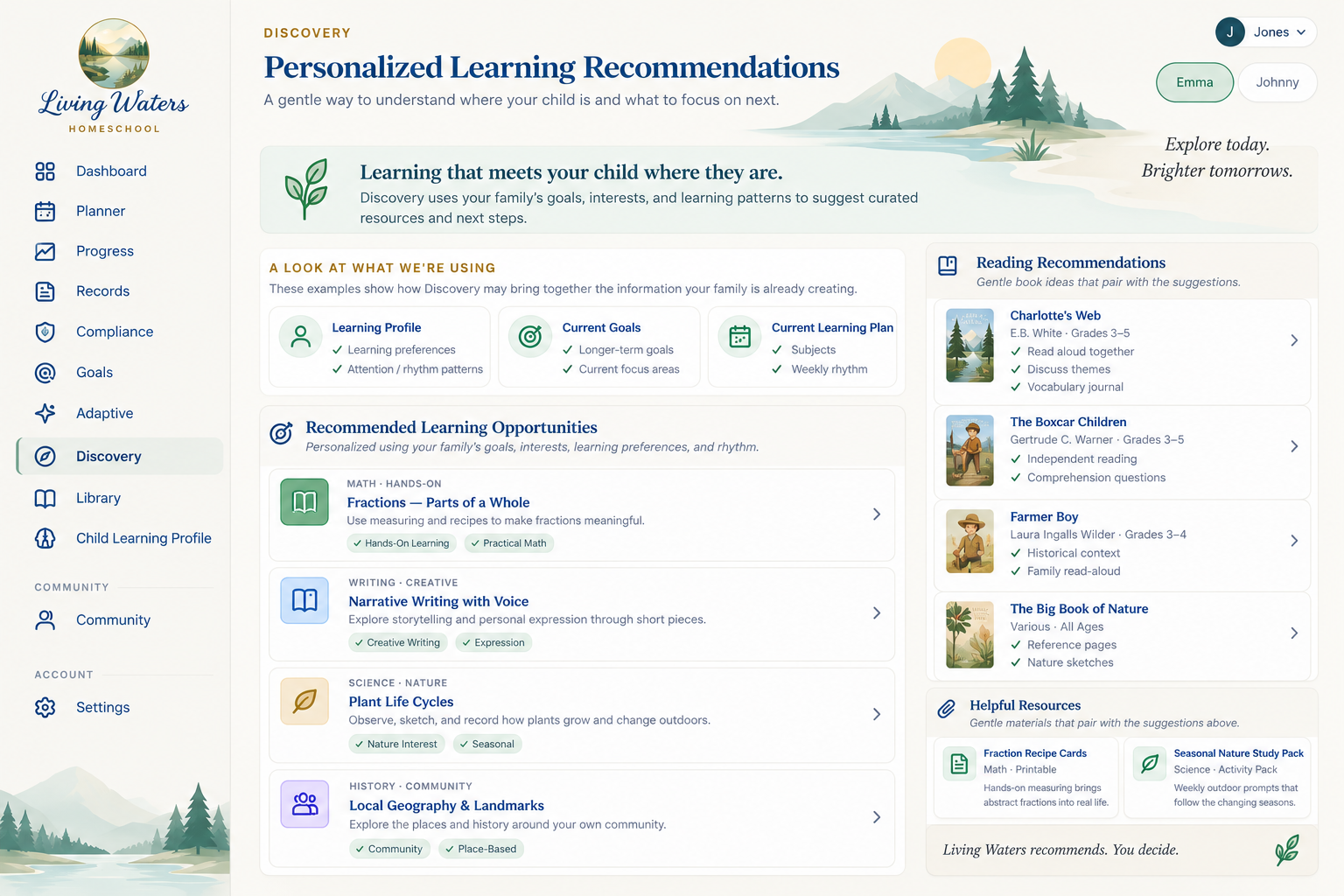 Living Waters Discovery showing suggested learning opportunities, reading recommendations, and recommended resources.