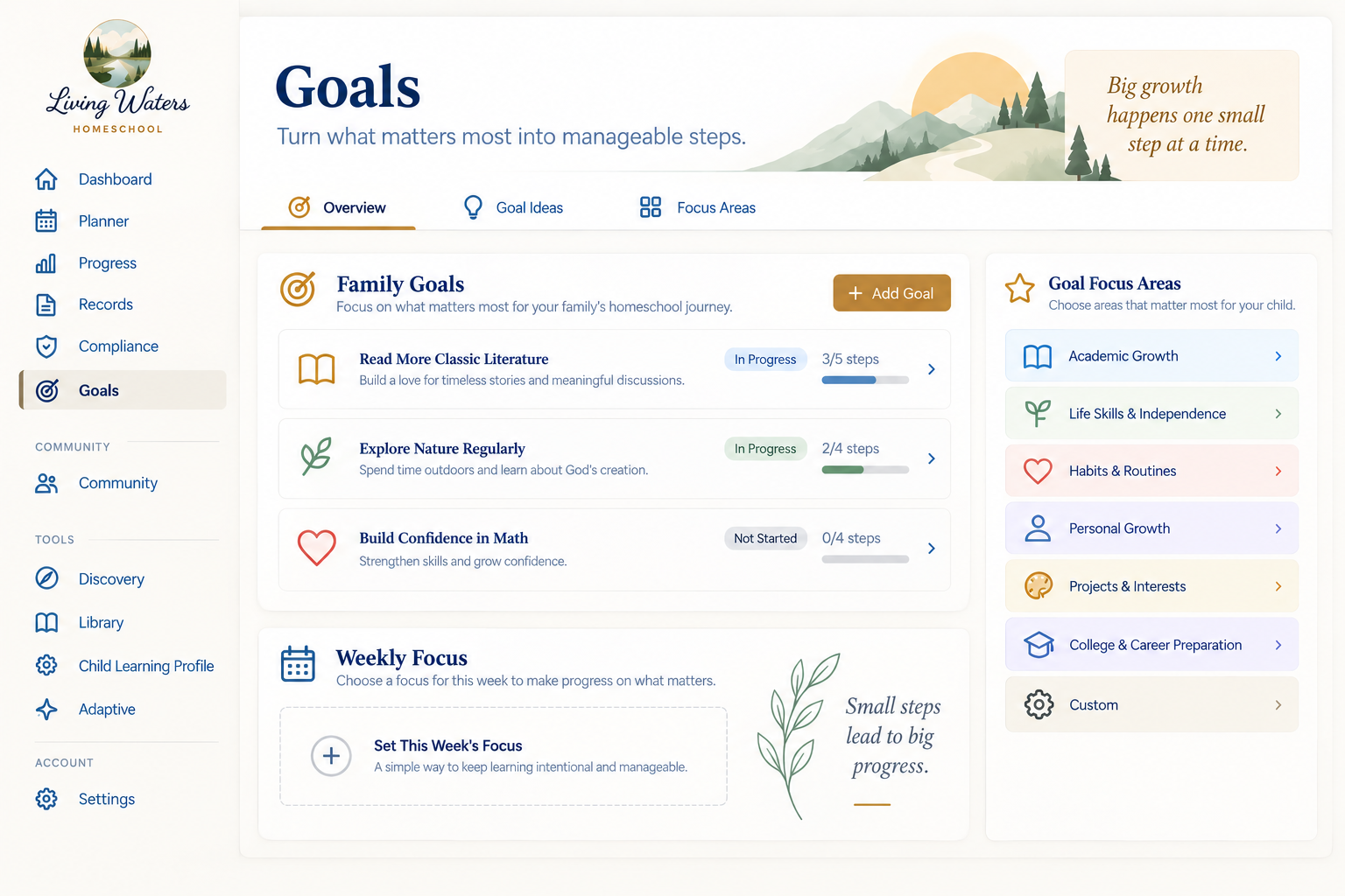 Living Waters Goals showing family goals, goal focus areas, progress, and weekly focus.