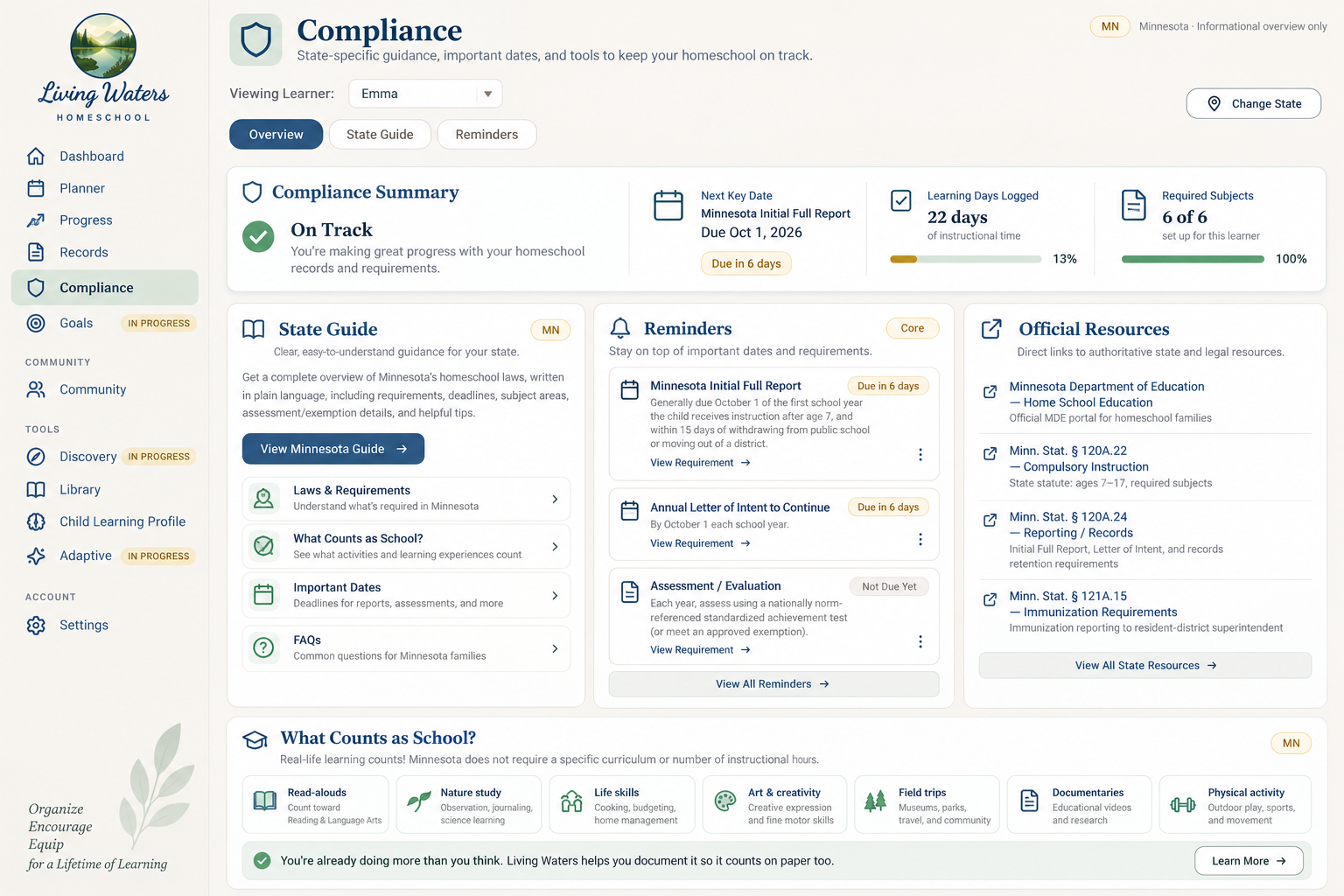 Living Waters Compliance showing state guidance, important dates, required subjects, reminders, and official resources.