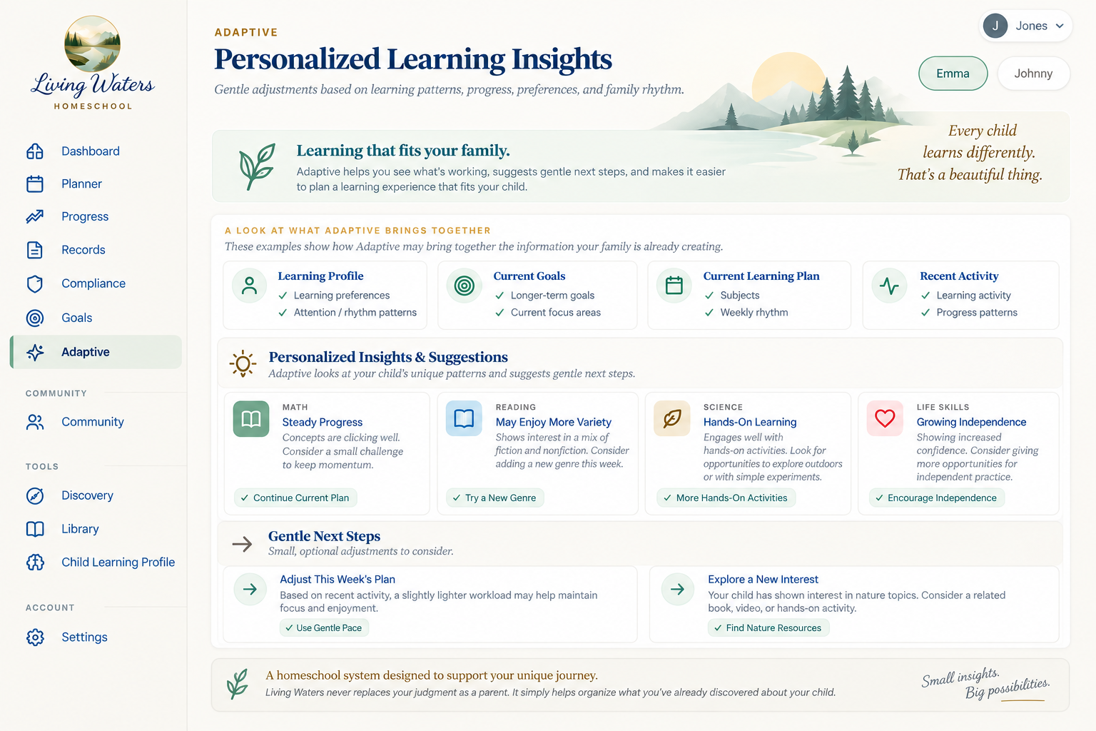 Living Waters Adaptive showing personalized learning insights, recommended rhythm, and suggested next steps.