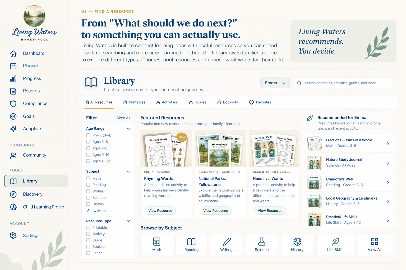 Living Waters Library showing featured homeschool resources, personalized recommendations, filters, and browse-by-subject options.