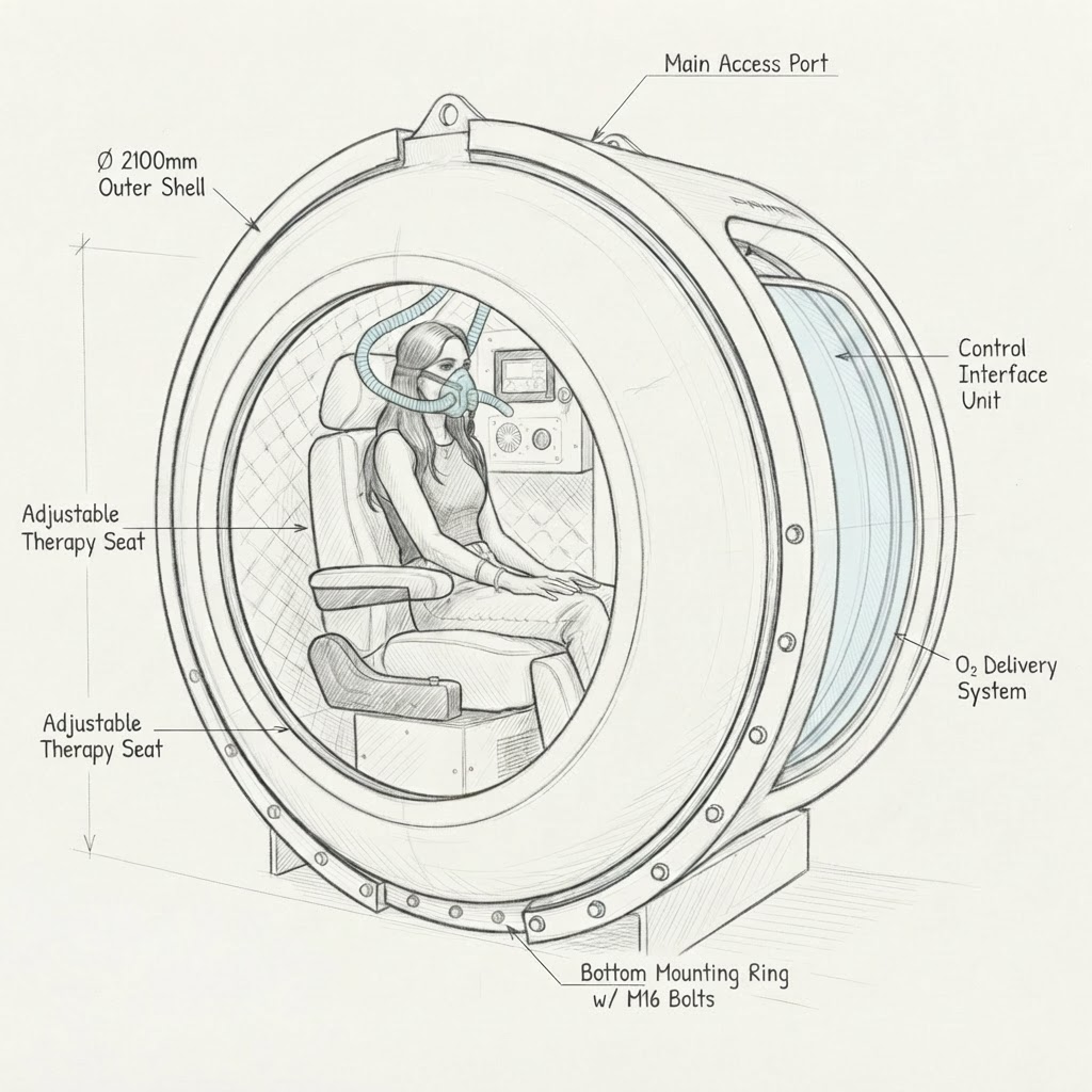Hand-sketch engineer's drawing of a circular hyperbaric chamber