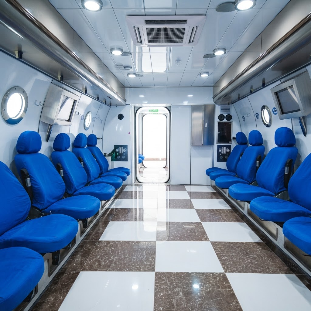 Interior of a multiplace hyperbaric chamber from our manufacturing partner