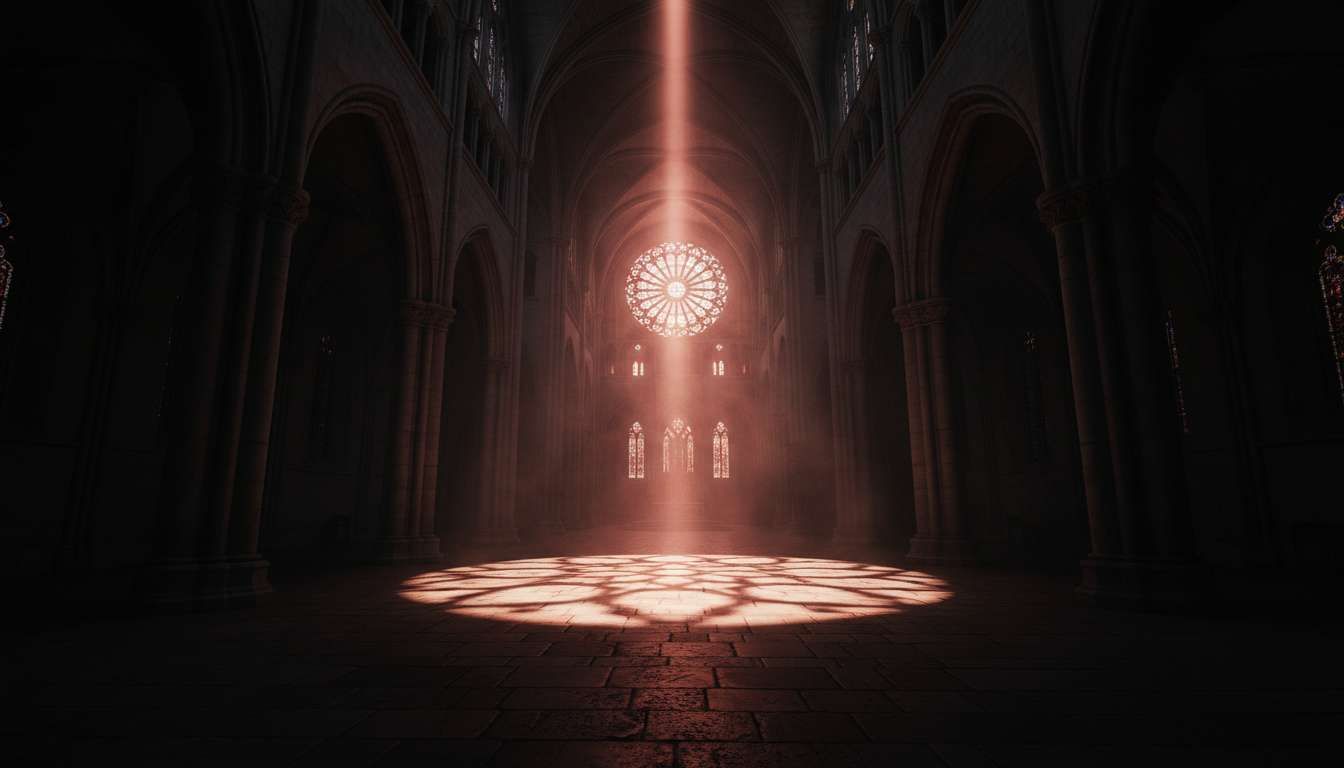 Gothic cathedral interior with crimson stained glass light