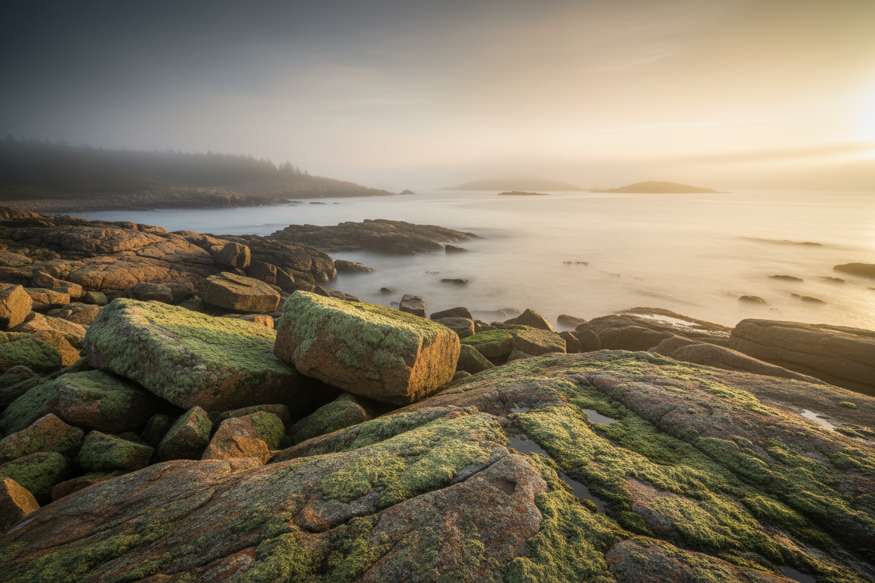 Misty New England coastline with moss-covered rocks