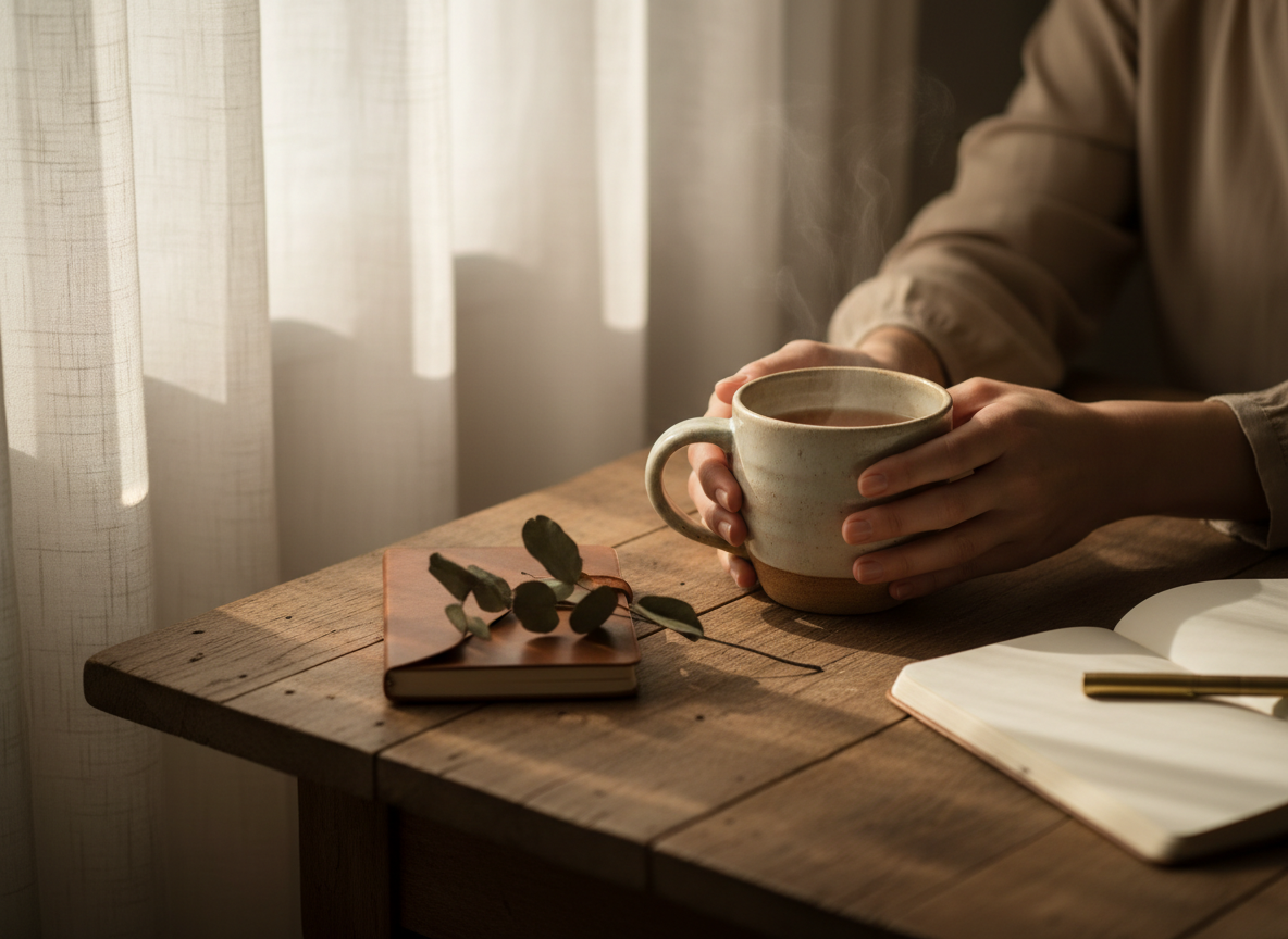 Warm morning scene with ceramic mug and journal