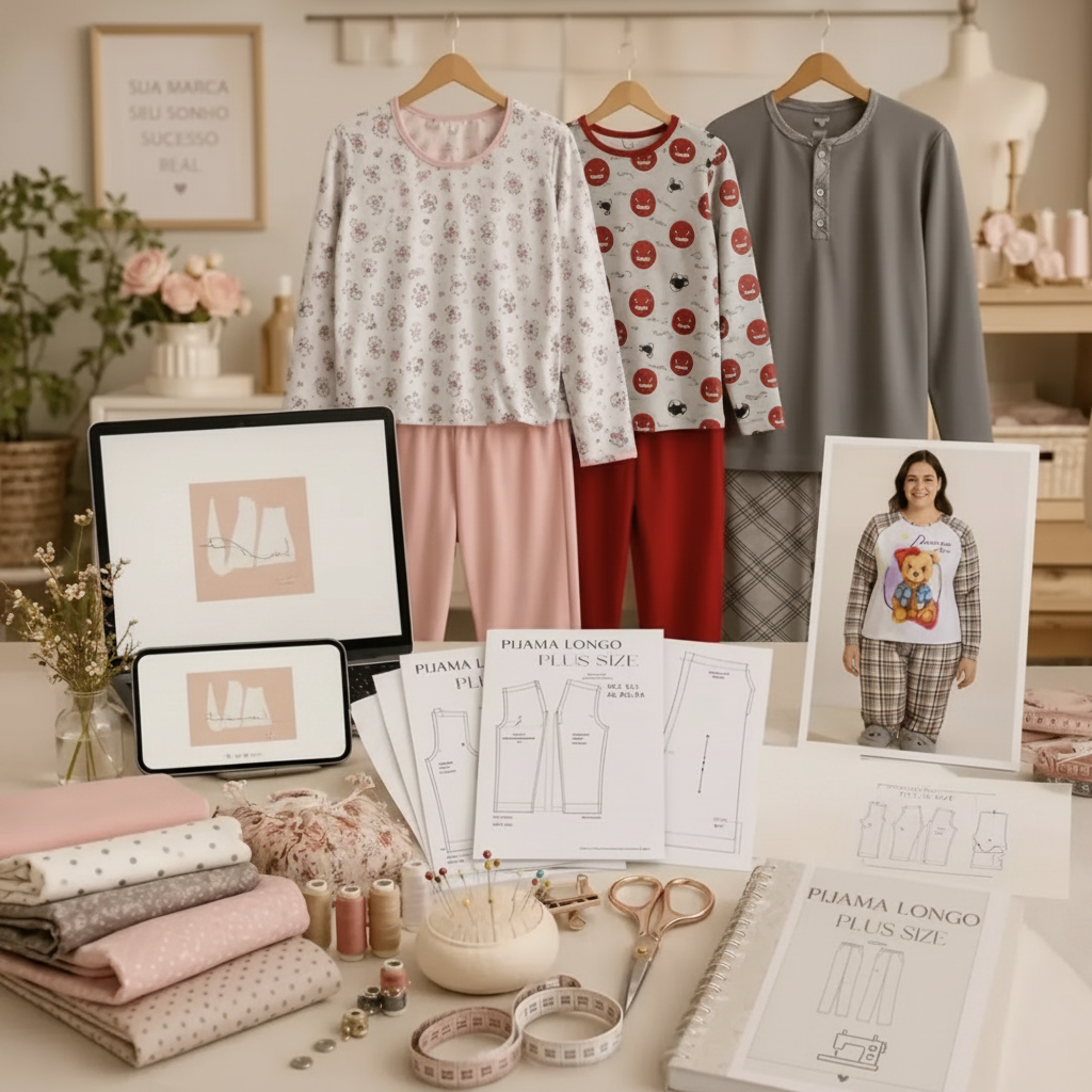 Pack de moldes de pijamas com tecidos e acessórios de costura