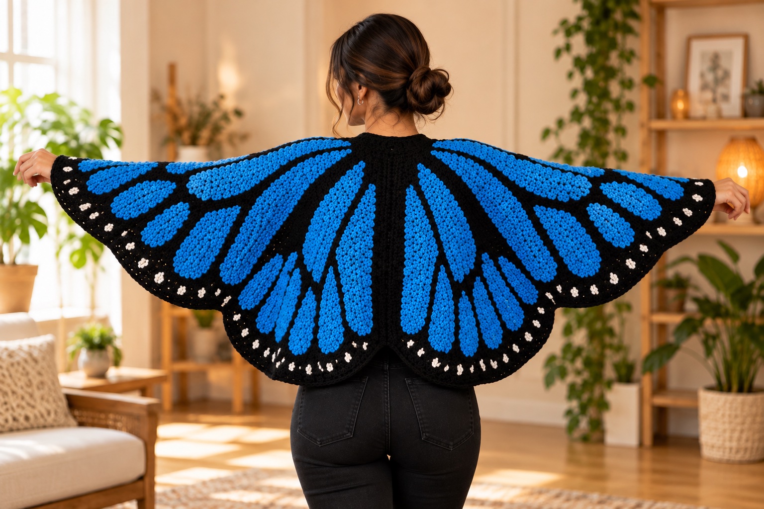 Costas do Cardigan Borboleta azul com o desenho completo das asas