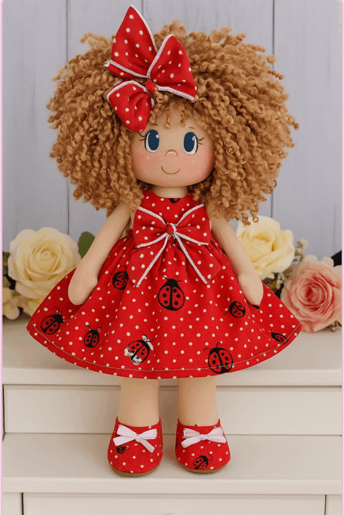 Boneca de pano com vestido vermelho