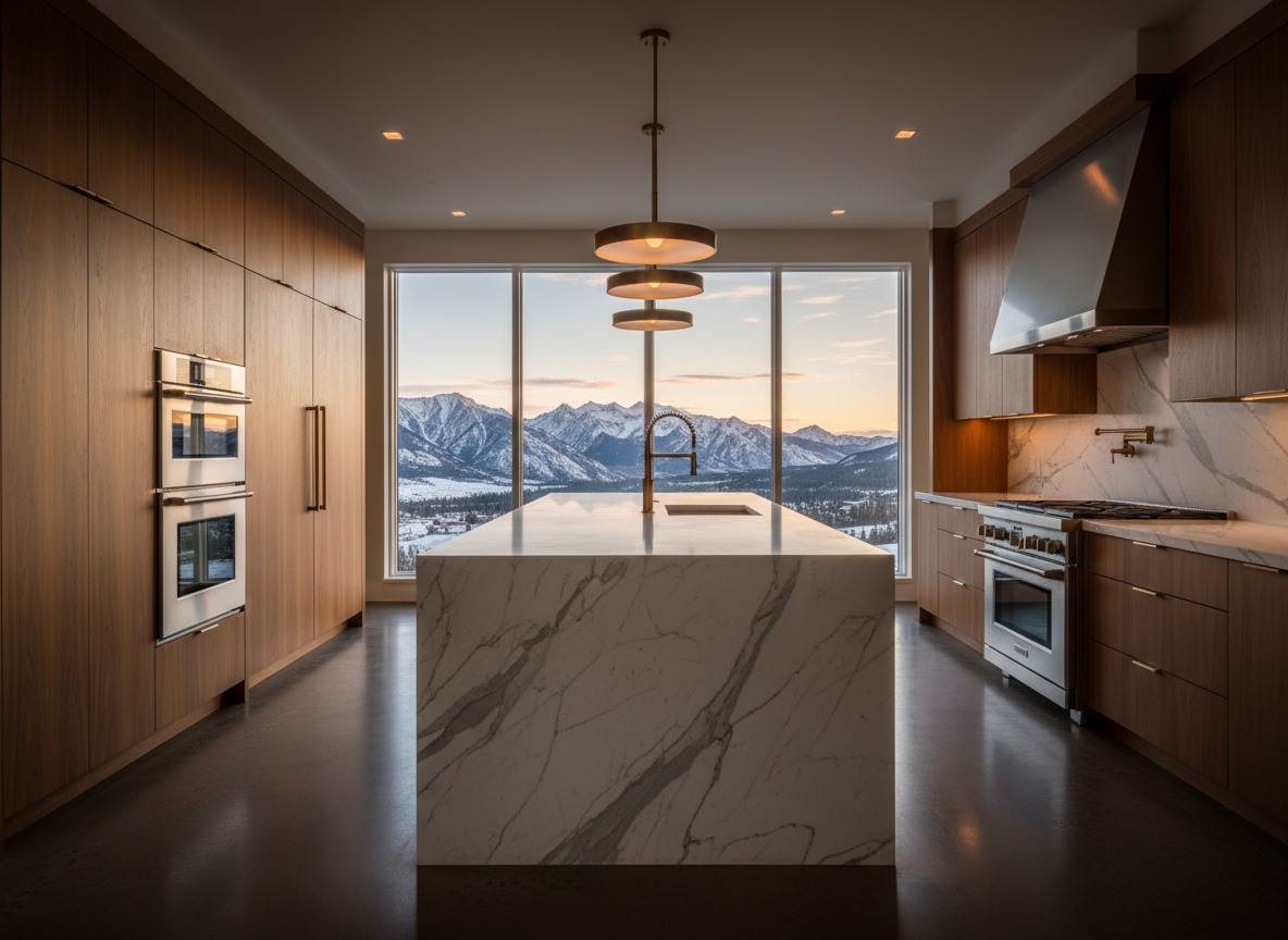 Luxury kitchen with marble and brass finishes