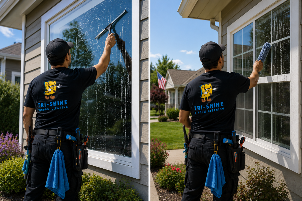 Tri-Shine window cleaner working on a residential home in Tri-Cities WA