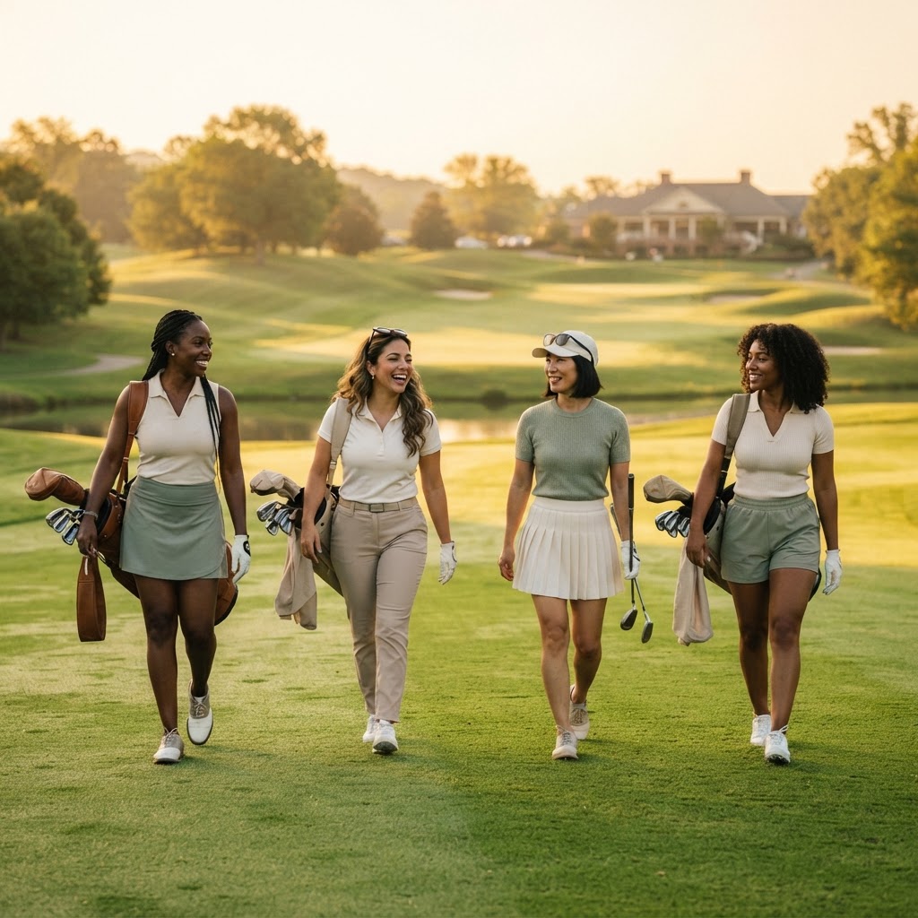 Women walking on a luxury golf course at golden hour