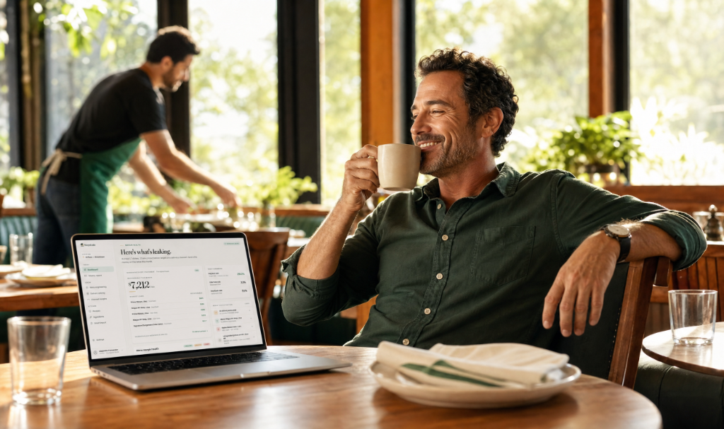 Restaurant owner relaxing with coffee while reviewing his MarginLeaks margin dashboard on a laptop in his sunny dining room.