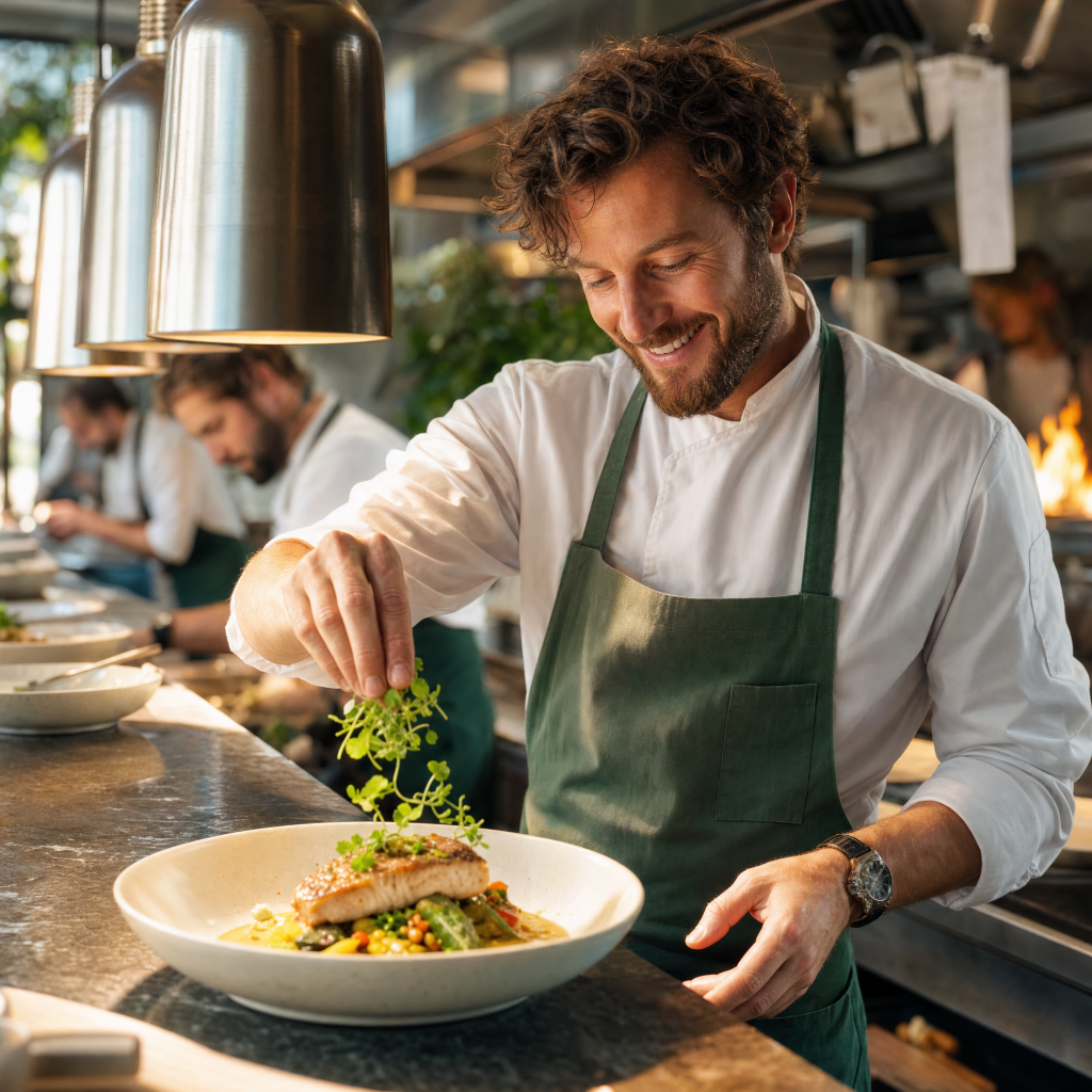 Chef garnishing a plated dish at the pass of a warm open kitchen.