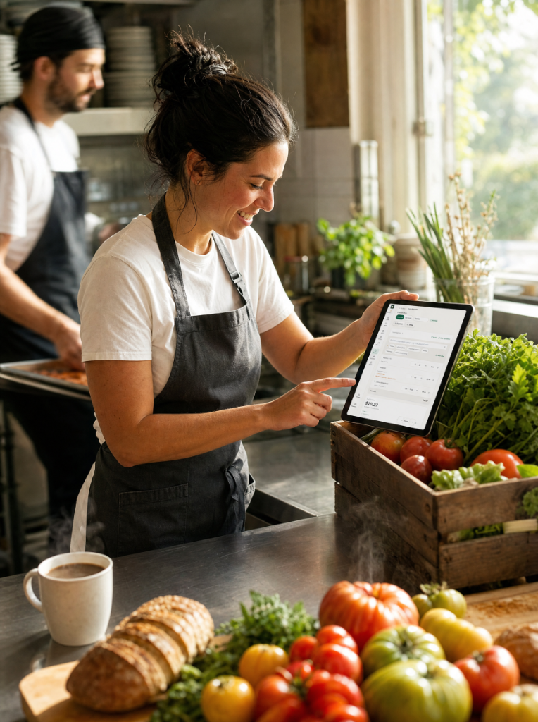 Kitchen manager smiling as she verifies a recipe on the MarginLeaks tablet screen at a bright prep counter stacked with fresh produce.
