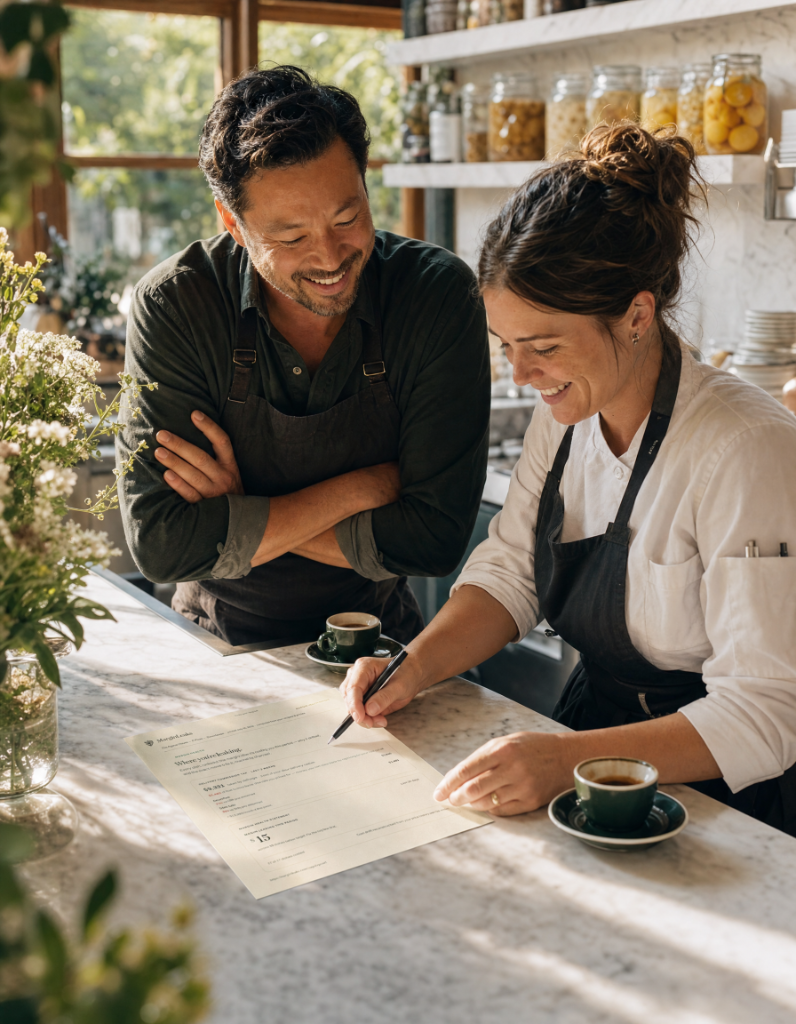 Restaurant owner and kitchen manager laughing together over a printed MarginLeaks margin report at a marble bar counter.