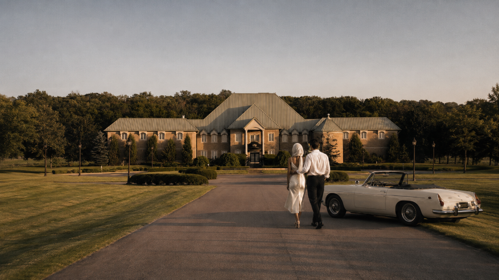 A couple walking away through the Niagara-on-the-Lake grounds toward a grand estate