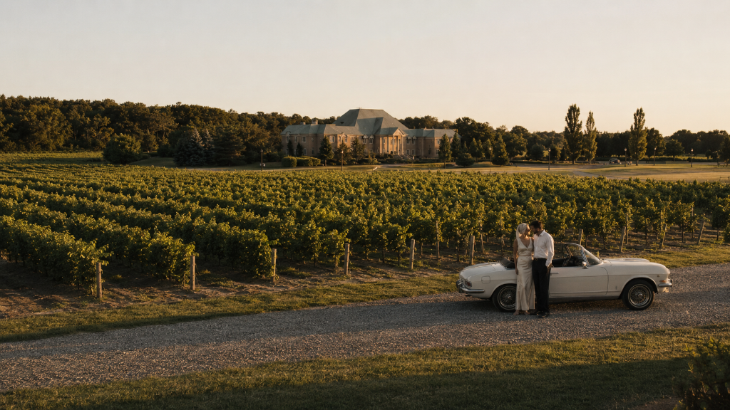 An elegant couple arriving at a grand Niagara-on-the-Lake vineyard estate at golden hour