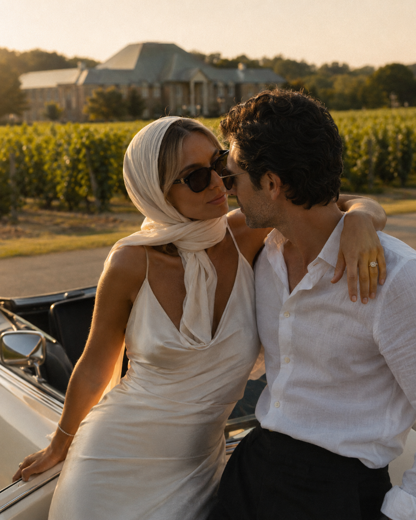 A couple leaning together beside a vintage convertible in a Niagara vineyard at golden hour
