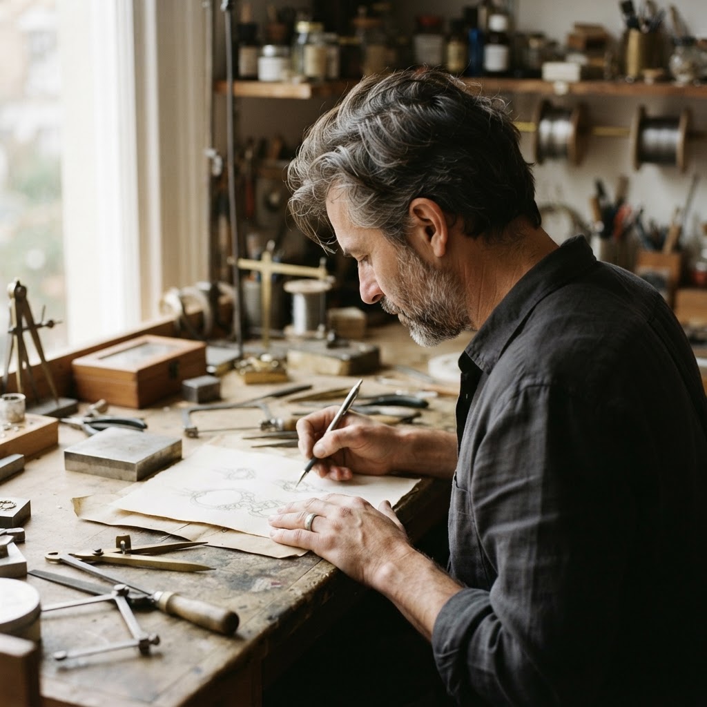 Nick Coutu at the workbench, head bent over a hand sketch