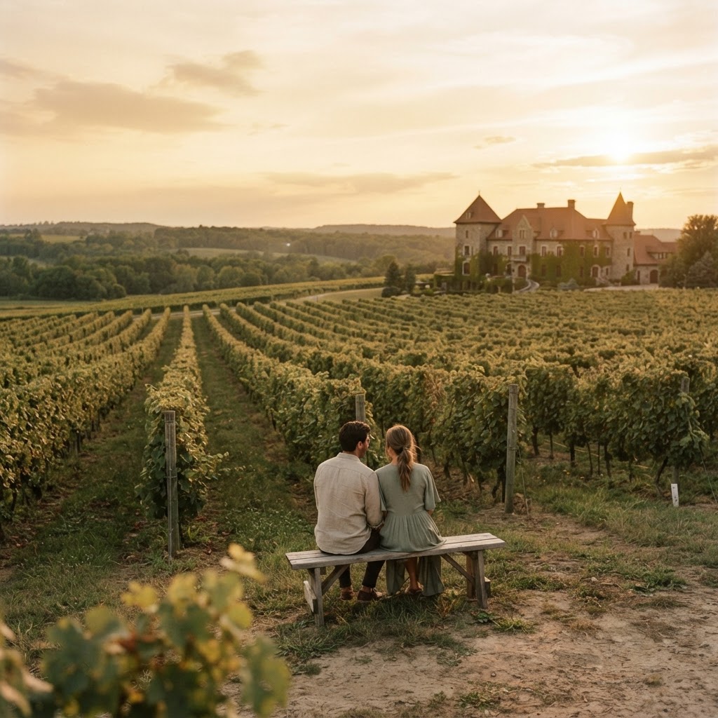 A couple at rest among the vineyards of Niagara-on-the-Lake at golden hour