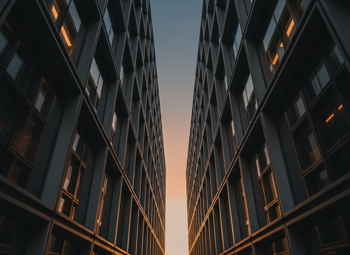Modern glass office building at dawn