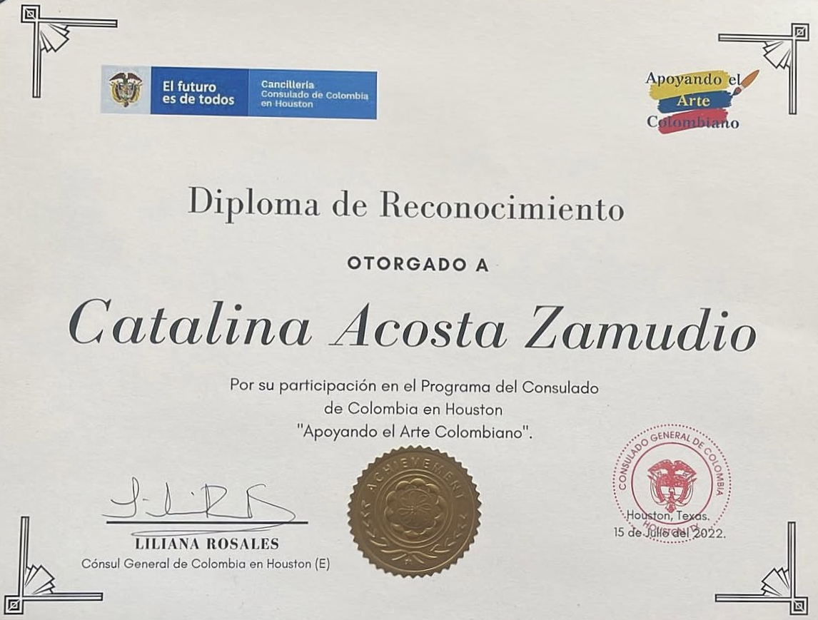 Diploma de Reconocimiento — Consulado de Colombia en Houston, Apoyando el Arte Colombiano, 2022