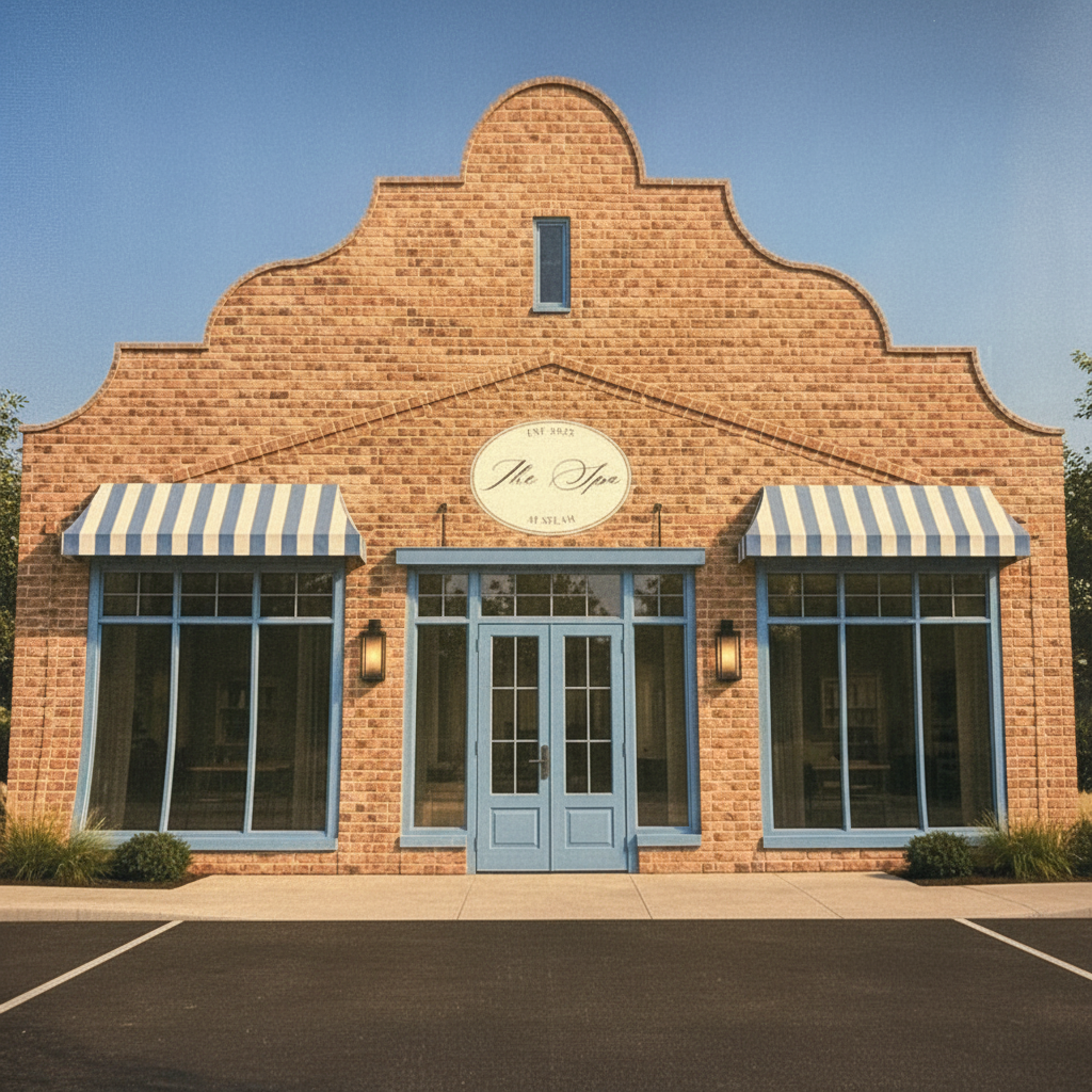 The Spa at Selah building — blue and white striped awnings