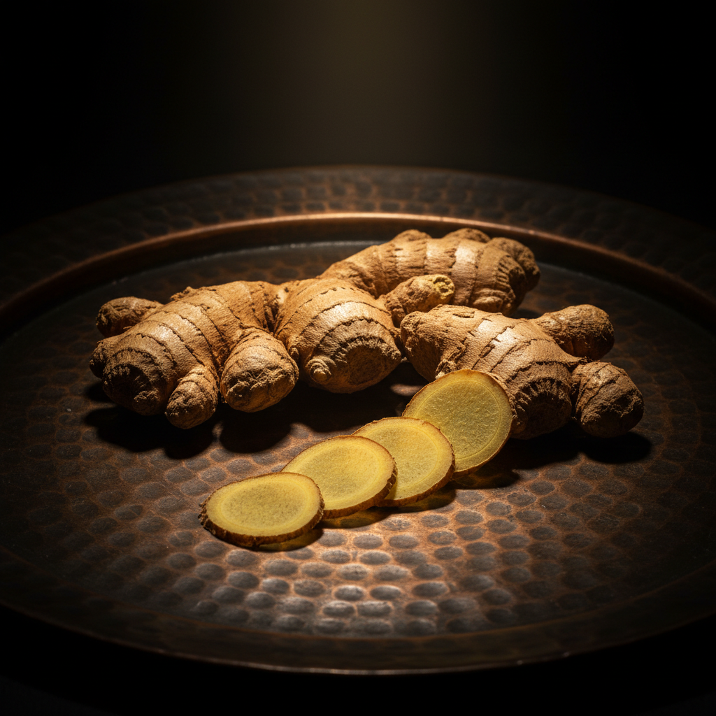 Dried ginger roots on hammered copper tray moody