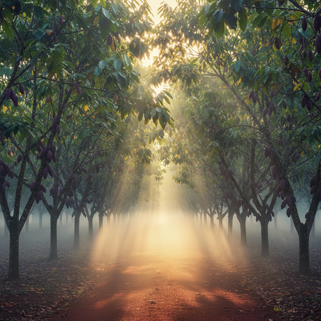 Cocoa plantation dawn mist