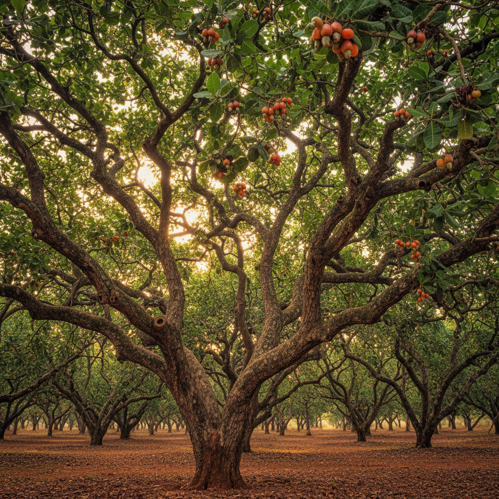Nigerian cashew orchard with ripe cashew apples