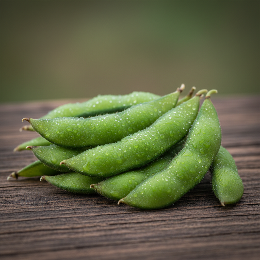 Fresh green non-GMO soybean pods on dark wood