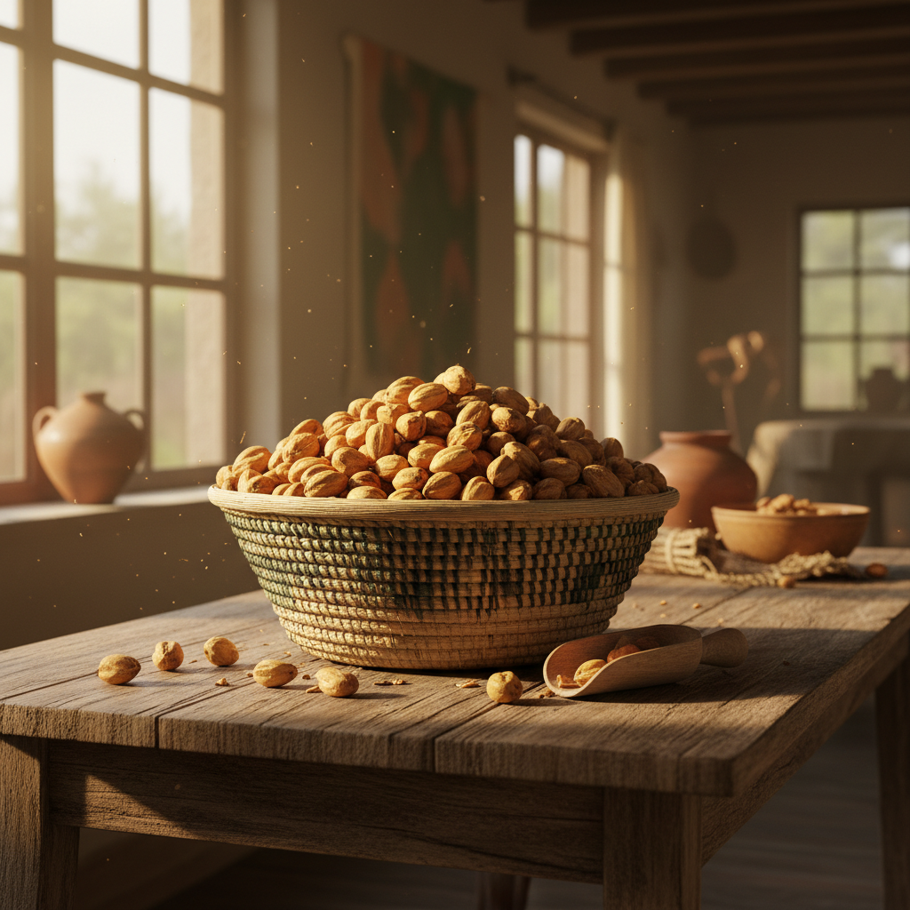 Shea nuts in African wicker basket warm sunlight