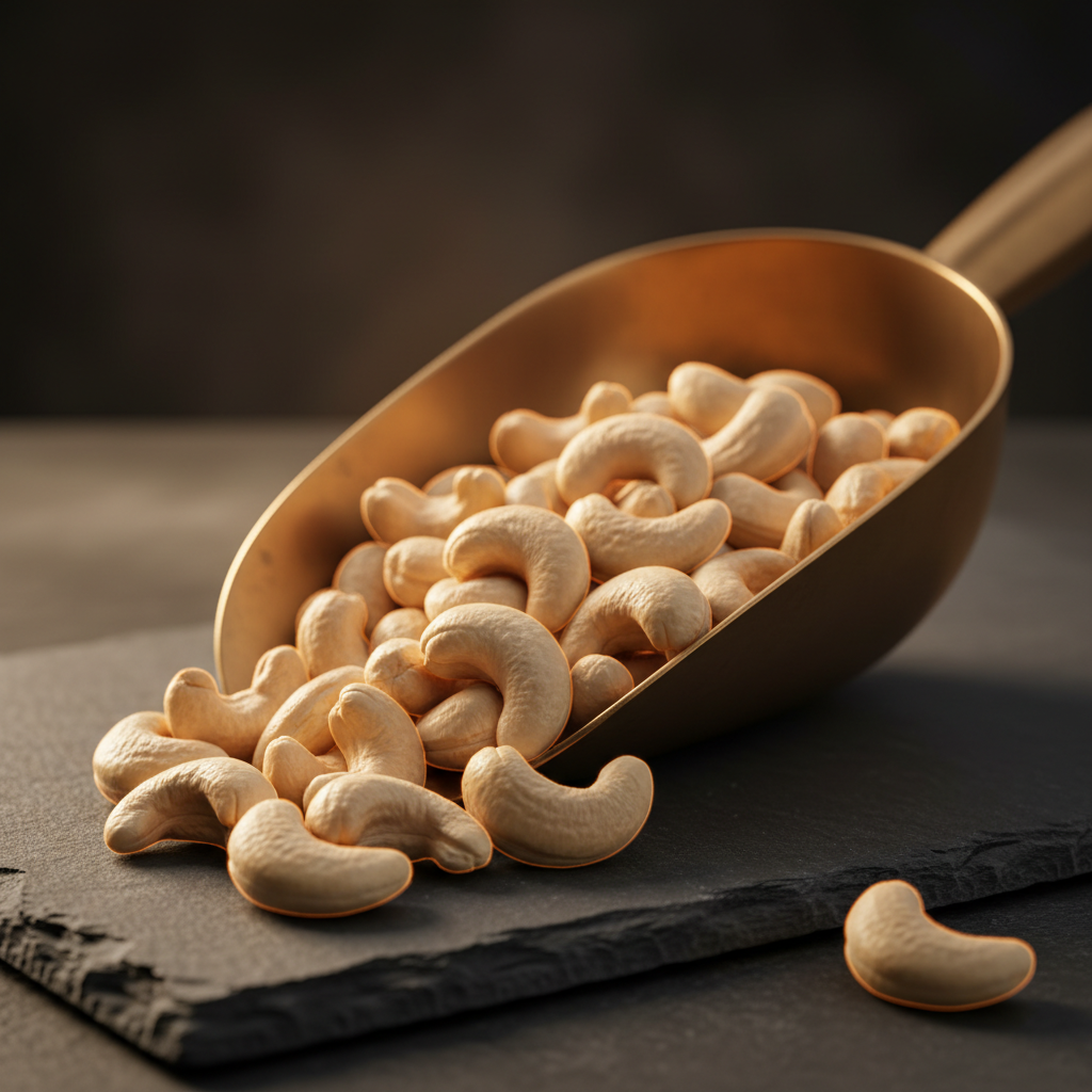 Cashew nuts in brass scoop amber light