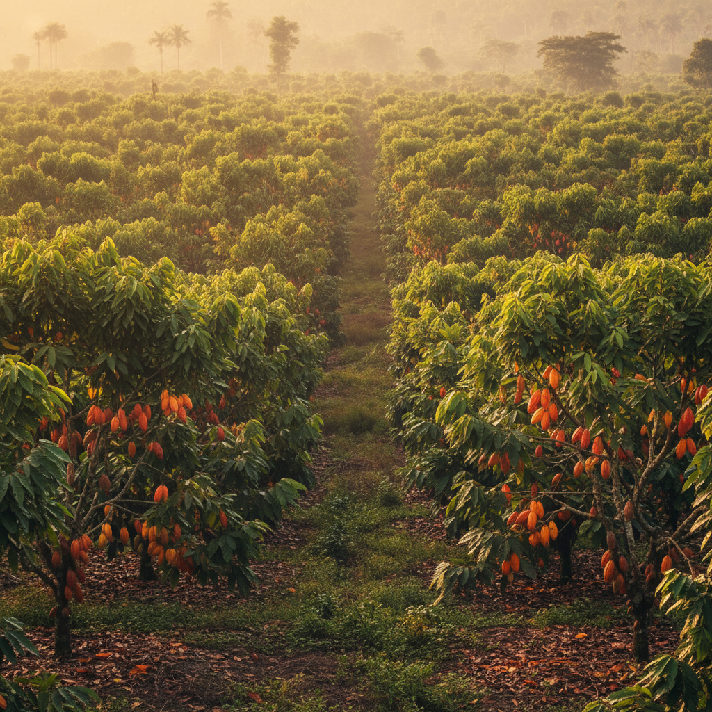 Nigerian cocoa plantation at sunrise