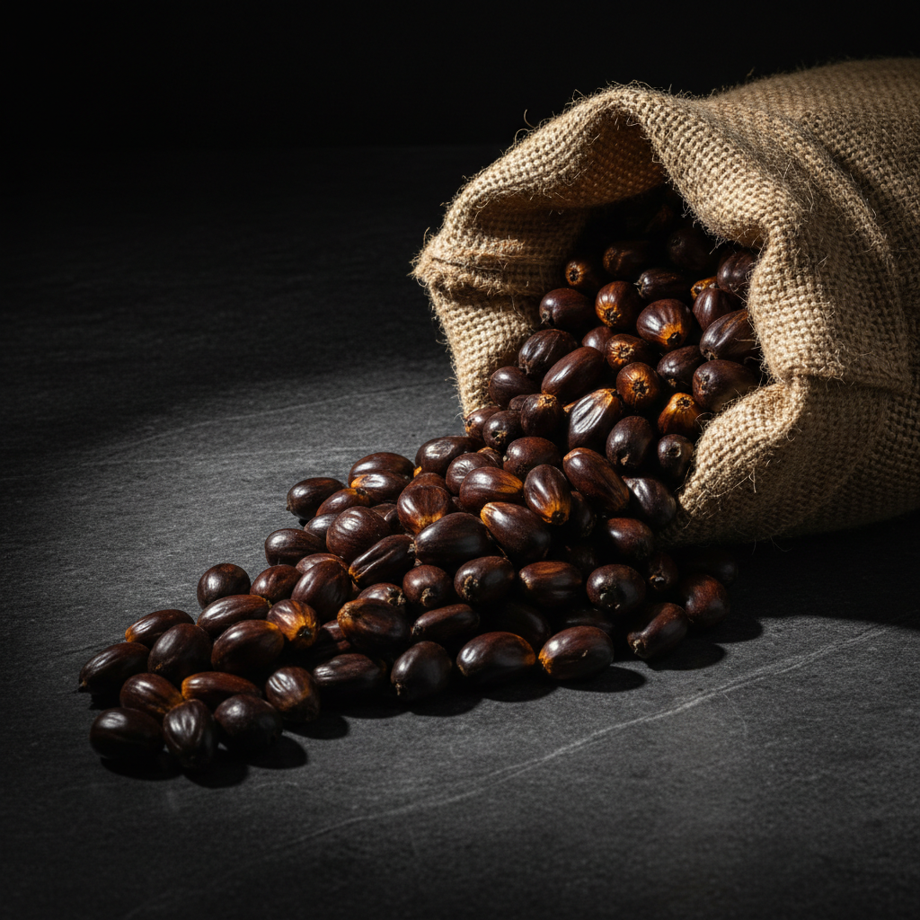 Palm kernel nuts cascading from burlap sack dark stone