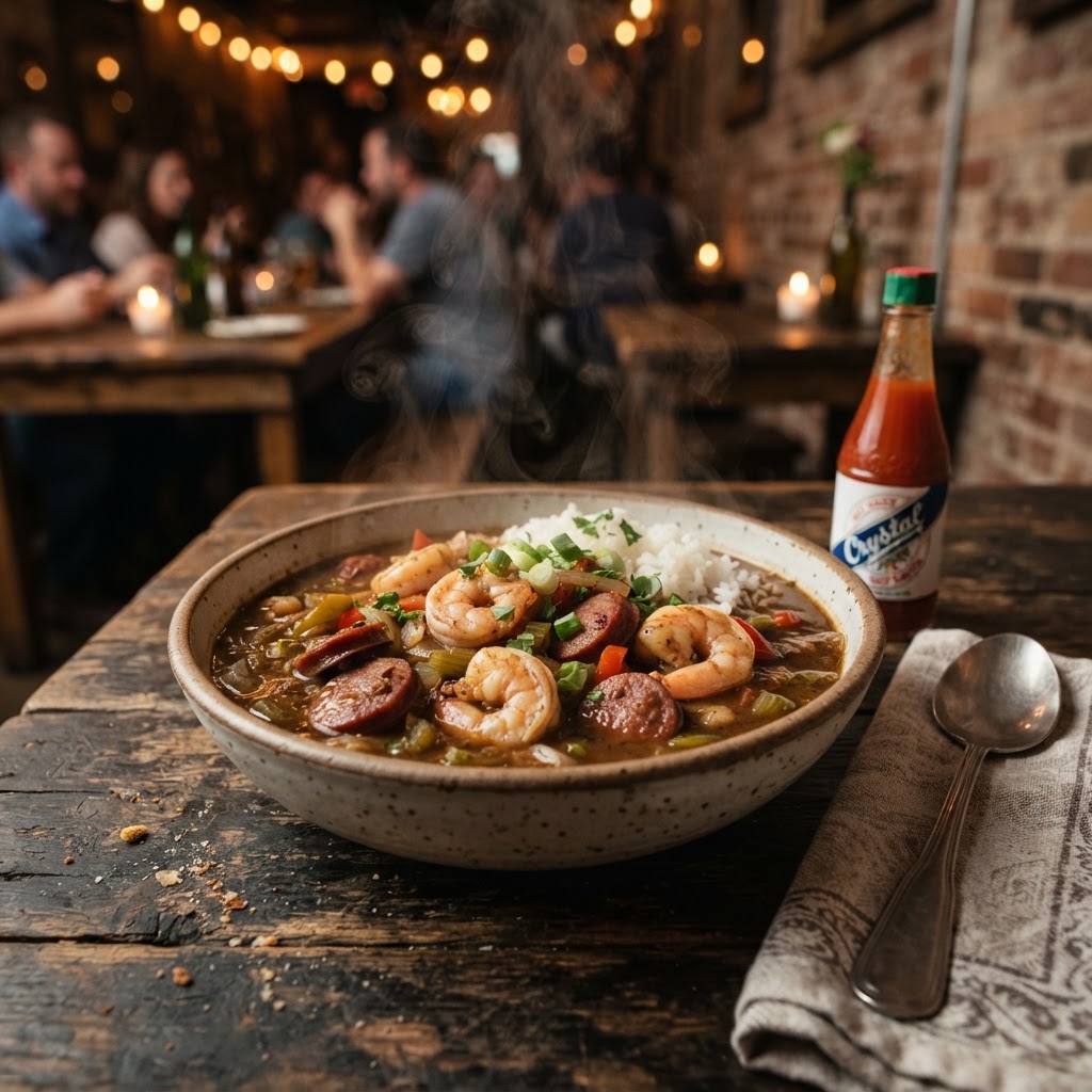Bowl of 32 oz smoky gumbo with steam rising