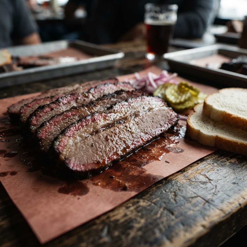 Sliced smoked brisket with dark bark and smoke ring