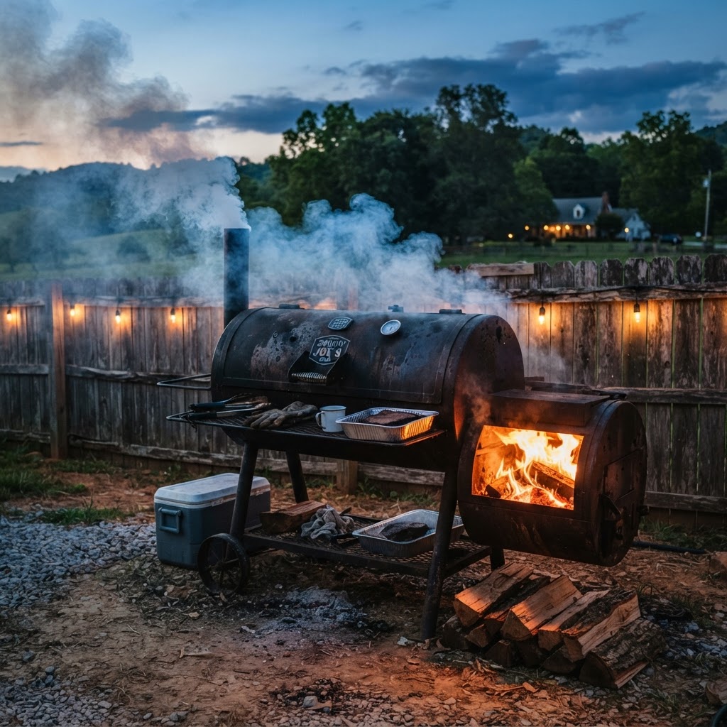 Offset smoker rolling smoke at Big Fat Smokys Harrodsburg KY