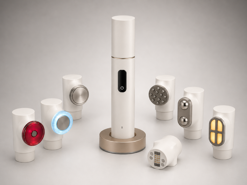 Point Zero handset surrounded by interchangeable treatment heads