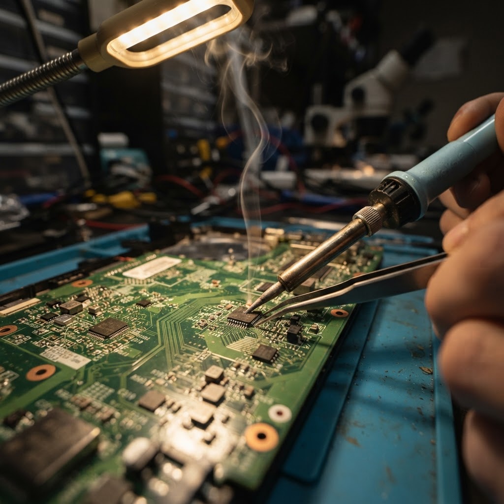 Microsoldering op een laptopmoederbord tijdens component-level reparatie