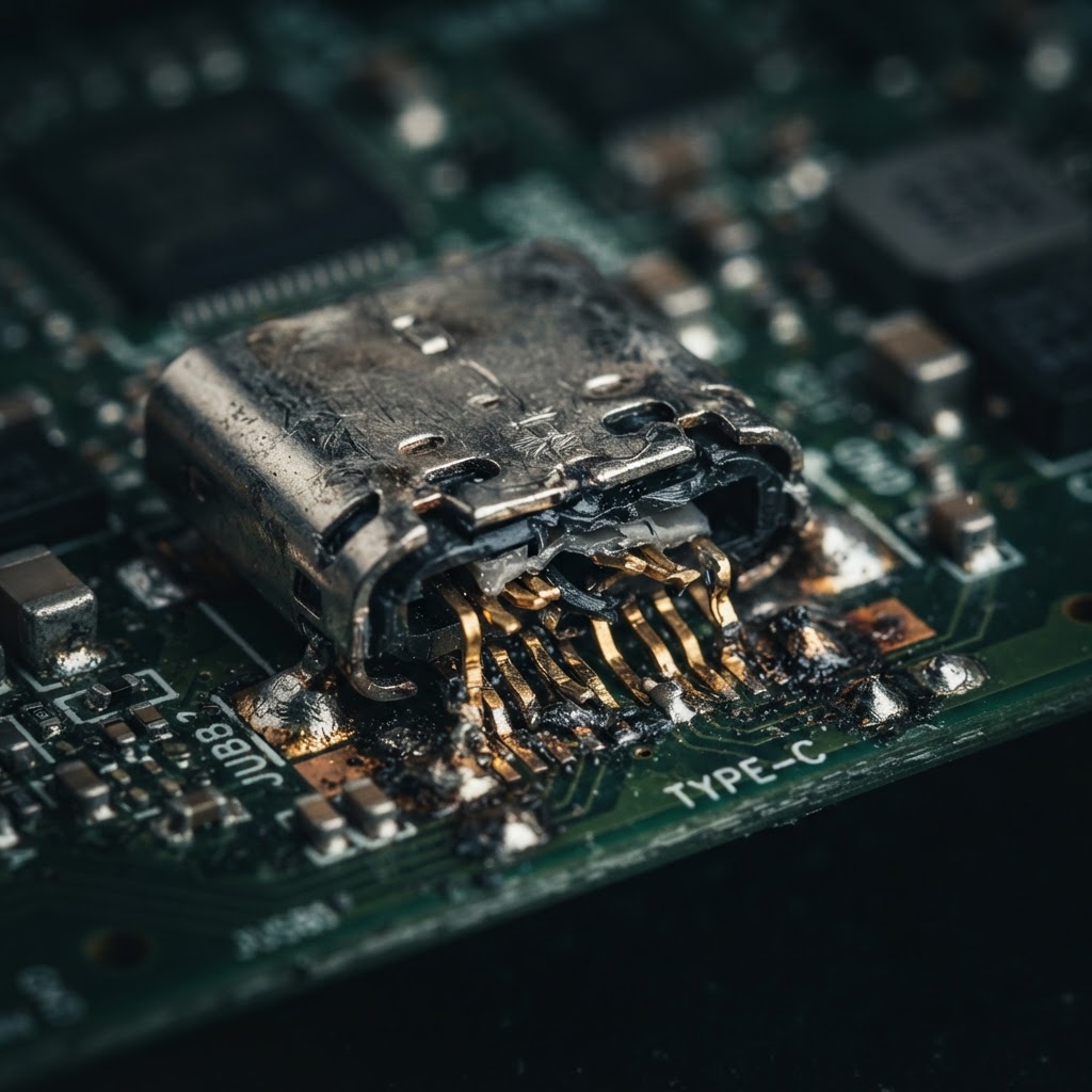 Damaged USB-C charging port on laptop motherboard