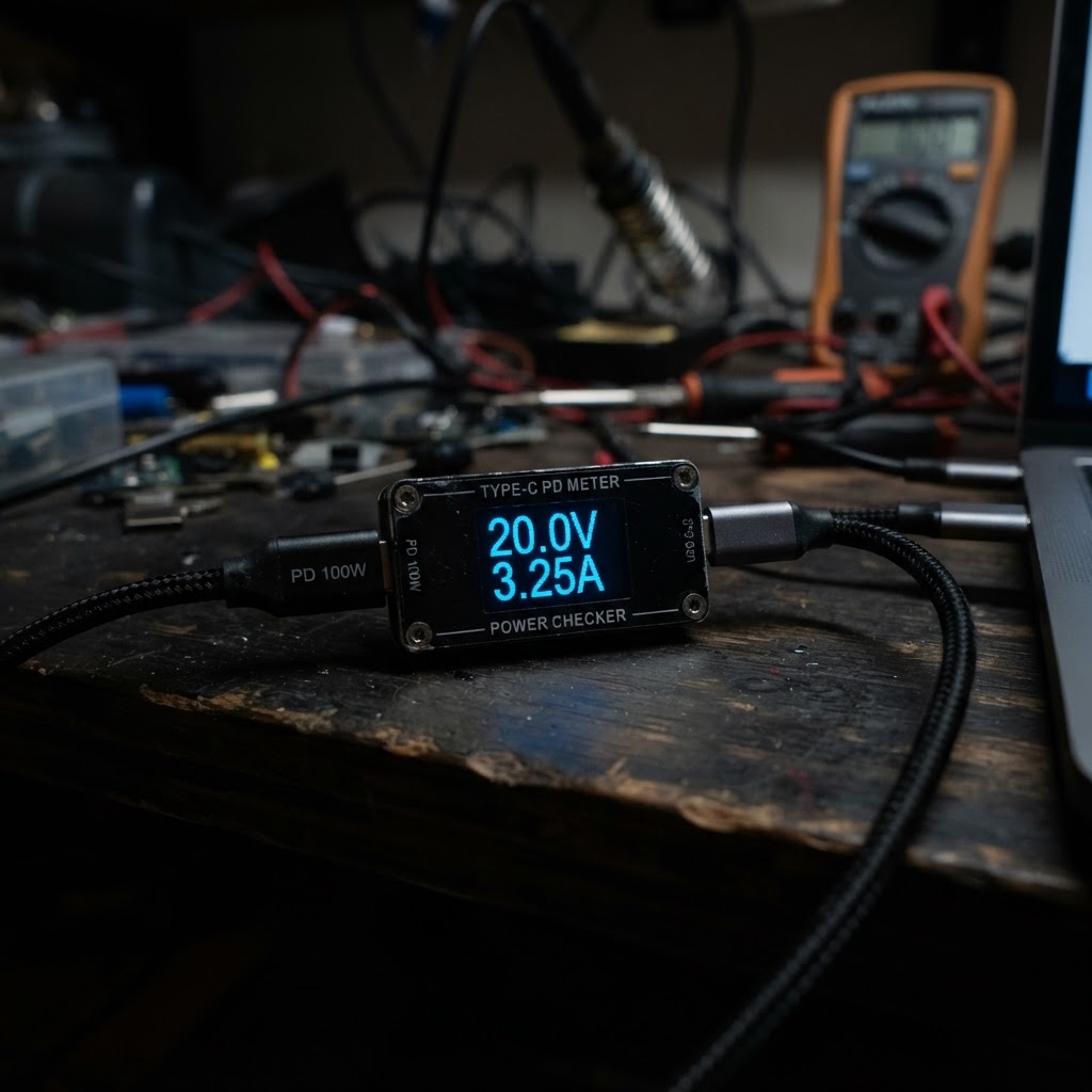 USB-C Power Delivery tester met spanning en stroommeting tijdens laptopdiagnose
